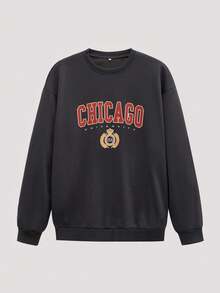 Open Phase 男士字母印花圆领宽松休闲卫衣，春秋季/夏季 - 深灰色 - 查看 1