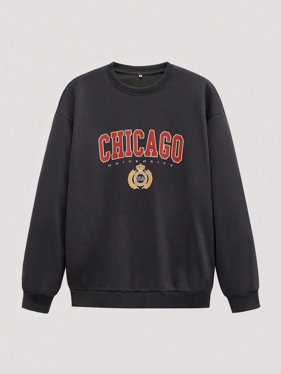 Open Phase 男士字母印花圆领宽松休闲卫衣，春秋季/夏季 - 深灰色 - 查看 1