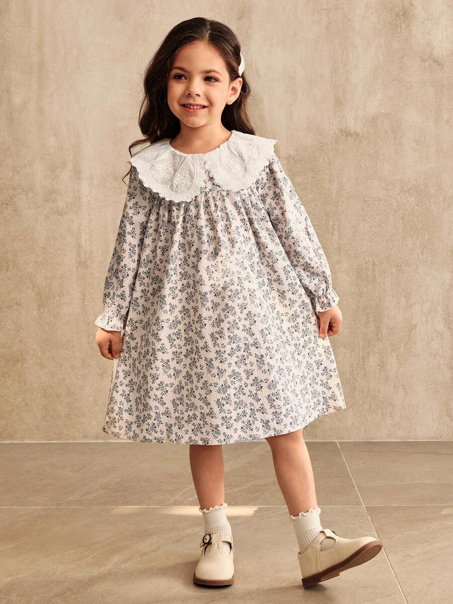 SHEIN Elladie kids 1pc Girls Young Girl Ditsy Floral Loose Fit Long Sleeve Dress, Elegant Collar Flower Design, Casual Versatile Dress For Autumn Fall Winter - Apricot - View 1