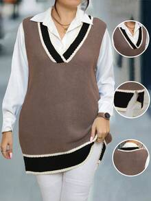 Elenzga Plus Size Women V-Neck Casual Versatile Back To School Party Knitted Vest - Khaki - View 1