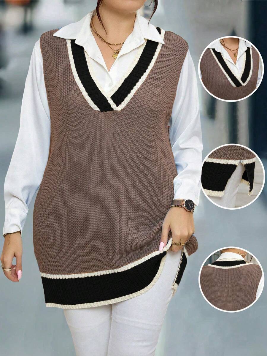 Elenzga Plus Size Women V-Neck Casual Versatile Back To School Party Knitted Vest - Khaki - View 1