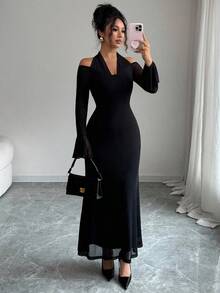 Elenzga Women's Elegant Halter Neck Patchwork Flare Sleeve Long Sleeve Dress, Autumn - Black - View 5