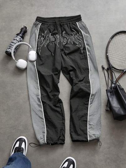 Sport MetroGents Men's Gothic Letter Print Drawstring Waist Pockets Contrast Color Sports Pants Sweat Pants
