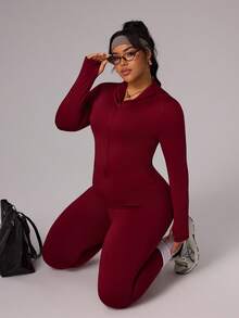 Rhythm Era Women's Thumb Hole Zipper Long Sleeve Cropped Top And Skinny Leggings 2 Piece Outfit, Fitted Sporty Casual Suit For Daily Wear, Plus Size Active Wear Plus Size Women Plus Size Activewear Set