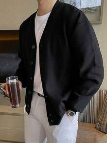 DAZY 男士休闲V领开衫，纯黑色，日常穿着，秋季款 - 黑色 - 查看 5