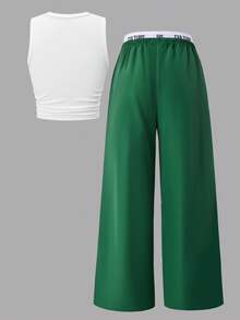SHEIN 2pcs/Set Tween Girl Star Print Side Drawstring Top Paired With Waist Color Blocking Cargo Pocket Pants, Casual Street Style, Spring/Summer - Green - View 2