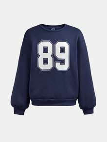 SHEIN Girlism Tween Girl Casual School Street Style Letter & Number Graphic Print Crew Neck Sweatshirt And Pleated Wide Leg Straight Pants Knit Tracksuit Set, Navy Blue Back To School Outfit - Navy Blue - View 10