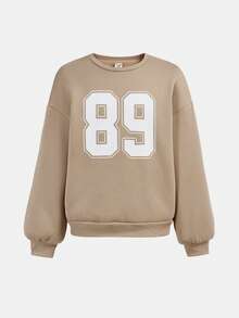 SHEIN Girlism 少女休闲校园街头风字母数字图案圆领卫衣搭配褶皱阔腿直筒裤针织运动套装，杏色返校装 - 杏色 - 查看 7