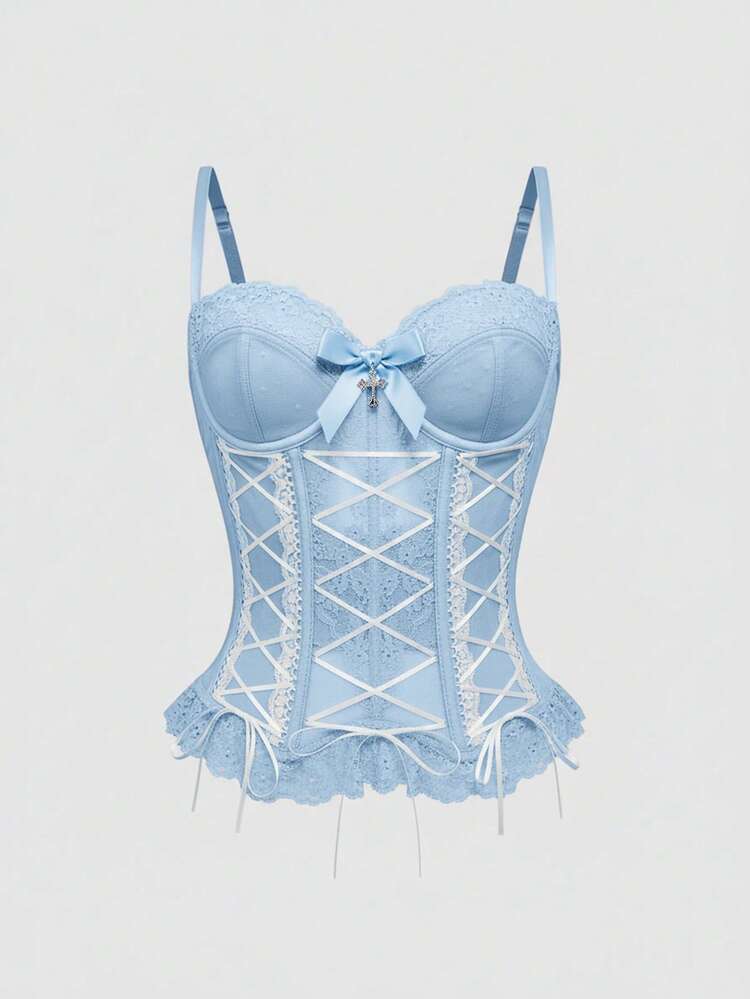 ROMWE Kawaii PUNK Style Bowknot Strap Cross Lace Cami Top For