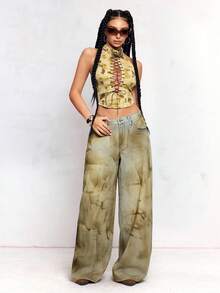 ROMWE Hippie Jeans en denim vintage à taille basse, délavé, à jambes larges et amples, style casual - Multicolore - Voir 2