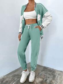 EURMUSE Women's Letter Print Long Sleeve Zip-Up Collar Sweatshirt And Pants Casual 2 Pieces Set - Mint Green - View 3