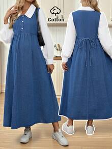 SHEIN 休闲宽松长袖孕妇牛仔连衣裙，适合秋季、冬季、万圣节、圣诞节、新年、感恩节等各种场合，可爱街头风，生日派对、婚礼等优雅商务休闲场合皆宜，复古简约，适合工作、教师等各种场合，也适合通勤、度假等场合。这款女士孕妇牛仔连衣裙配有白色叠层长袖上衣和高腰设计，日常穿着舒适。另有蓝色二合一连衣裙可选。 - 藍色 - 查看 7