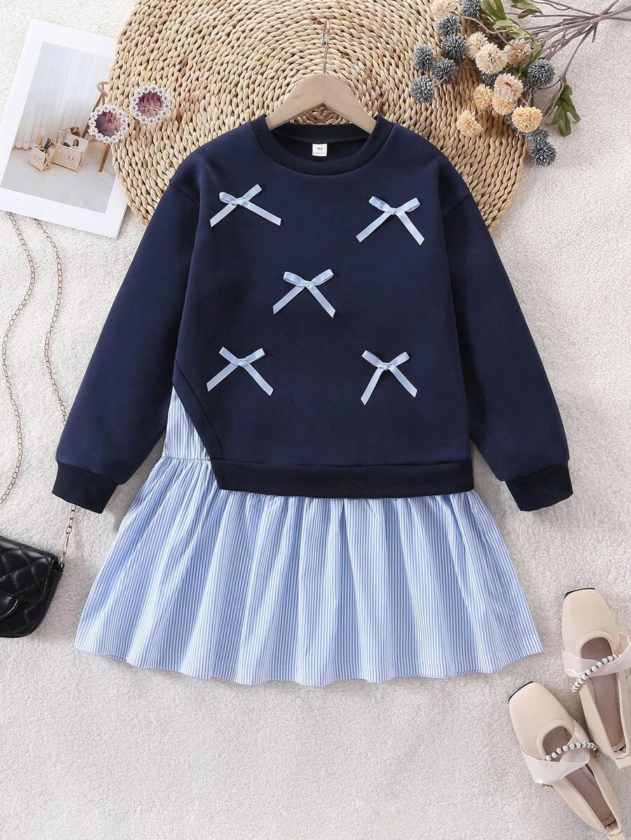 SHEIN 少女撞色长袖休闲连衣裙，校服裙，卫衣裙，秋冬款