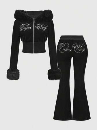 J-Fashion Ensemble 2 pièces sweat-shirt en velours orné de strass, style Y2K, tailles grandes, automne/hiver