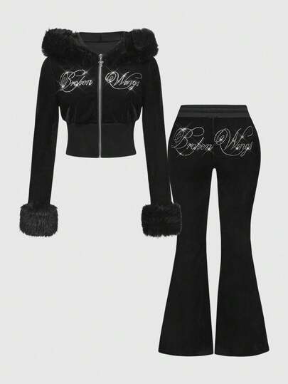 ROMWE J-Fashion Y2K 天鹅绒水钻装饰卫衣女款加大码两件套，秋冬款