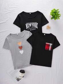 SHEIN 女士三件套睡衣，短袖上衣带格子口袋，字母和爱心印花 - 彩色 - 查看 2