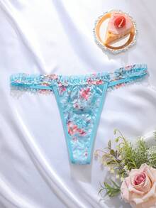 SHEIN Women's Elegant Sexy Lace Low-Rise Thong Panties Lace Thong Panties Floral Thong Panties Women Thong Underwear Cute Thong - Blue - View 6