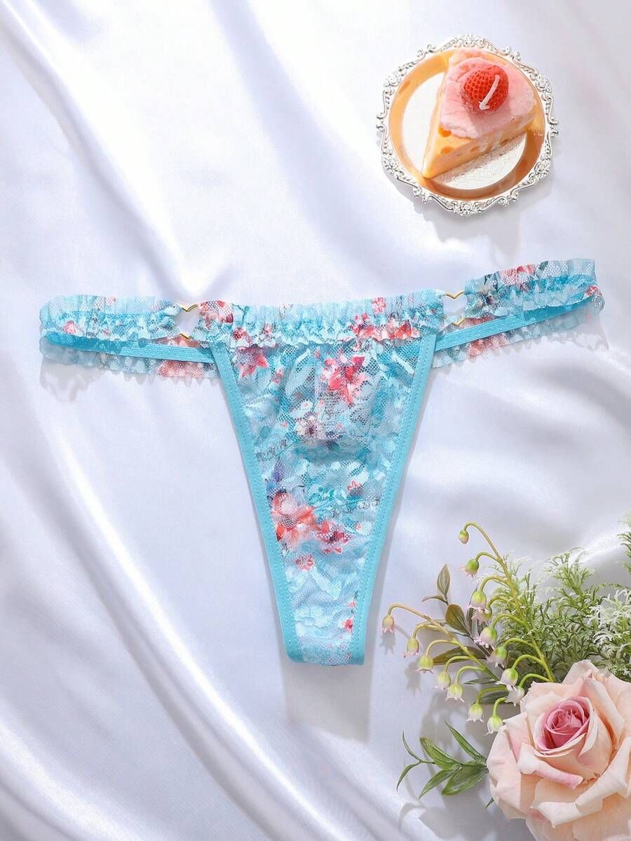 SHEIN Women's Elegant Sexy Lace Low-Rise Thong Panties Lace Thong Panties Floral Thong Panties Women Thong Underwear Cute Thong - Blue - View 1