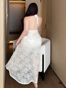 Dazy Plus Elastic Lace Sheer Sexy Lingerie Midi Nightgown - White - View 2