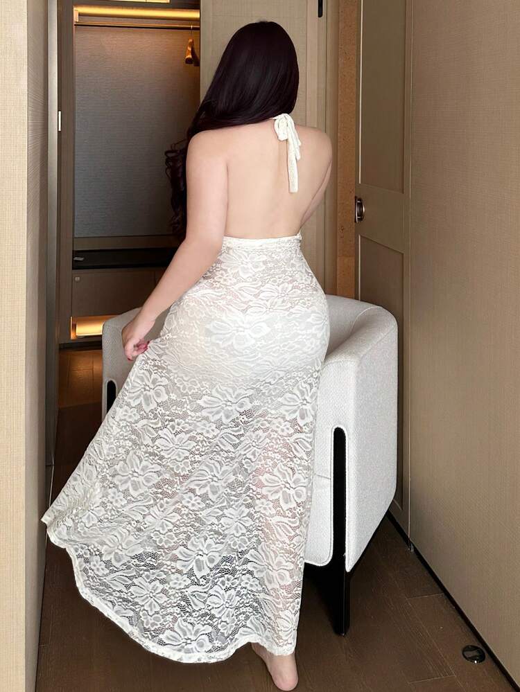 Dazy Plus Elastic Lace Sheer Sexy Lingerie Midi Nightgown
