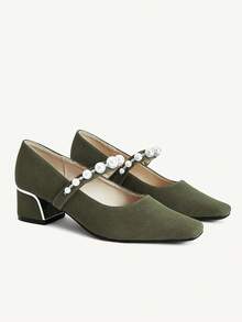CUCCOO CHICEST Women's Vintage Elegant Suede Pumps With Pearl, Rhinestone Chain Strap, Square Toe, Block Heel, Suitable For Formal Occasions, Parties, Christmas, New Year, Green - Green - View 8