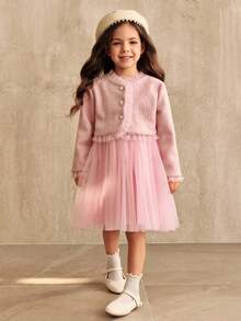 SHEIN 女童公主裙，粉色，小香氛，外套套装裙，网纱连衣裙，优雅派对礼服 - 粉色 - 查看 4