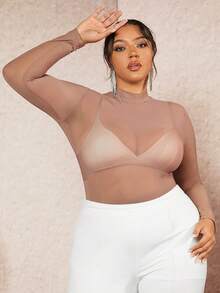 SHEIN BAE Plus-Size Women's Long Sleeve Mesh Top - Dusty Pink - View 5
