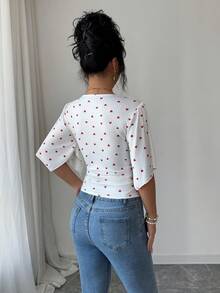 SHEIN Elenzya Women's Heart Print Criss-Cross V-Neck Fitted Fashion T-Shirt - Apricot - View 2