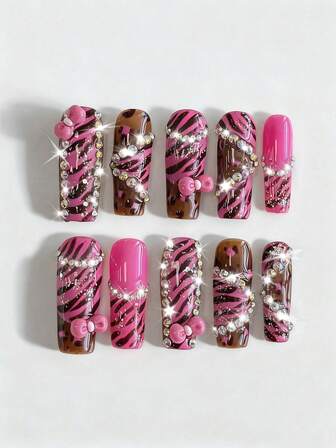 J-Fashion 10pcs Y2K Style Tiger Print, Leopard Print And Bow Design High Quality Handmade False Nails + 3pcs Double-Sided Adhesive, Removable 3D Bow Decor, Rhinestone, Glitter Dual-Colored Nail Stickers, Suitable For Holidays, Parties, Dance And Daily Wear