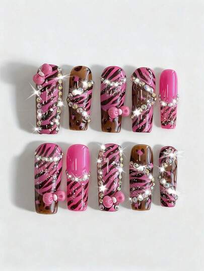 J-Fashion 10pcs Y2K Style Tiger Print, Leopard Print And Bow Design High Quality Handmade False Nails + 3pcs Double-Sided Adhesive, Removable 3D Bow Decor, Rhinestone, Glitter Dual-Colored Nail Stickers, Suitable For Holidays, Parties, Dance And Daily Wear