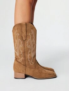 ROMWE Grunge Punk Giày bốt cổ cao bồi miền Tây mũi nhọn thêu họa tiết màu nâu thời trang ngoài trời mới thu/đông 2025 cho nữ, đế xuồng - màu nâu - Xem 4