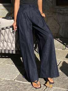 DAZY Women's Elegant Wide Leg Pants, Loose Solid Color Formal Trousers, Spring/Autumn Y2k - Blue - View 3