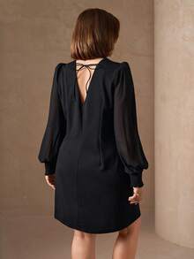 Chikora Women's Casual Solid Color Round Neck Long Sleeve Plus Size Dress Black Bow Dress Black Elegant Dress Plus Size Black Dress Black Long Sleeve Dress Winter Clothes For Women  Christmas Outfit For Women   New Year Clothes New Year's Outfit For Women  Bow Dress, Little Black Dress, A-Line Skirt Long Sleeve Elegant Dress Black Shift Dress Bow Detail Short Dress - Black - View 3