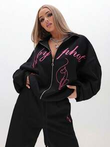 BABYPHAT Women Oversized Zip Up Sweatshirt With Script Print Sweatshirt Pullover Winter Casual Lounge Wear - Black - View 5