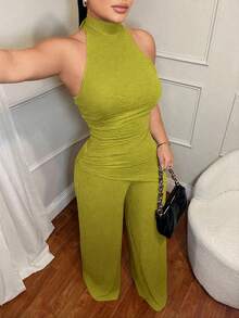 SHEIN SXY 休闲通勤无袖上衣和裤子套装 - 綠色 - 查看 6