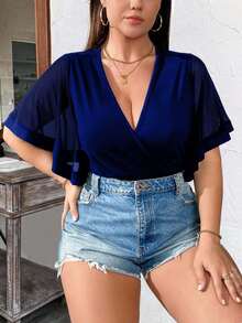 SHEIN LUNE 大码女式V领短袖网纱拼接针织连体衣，优雅大方，适合日常通勤 - 寶藍色 - 查看 5