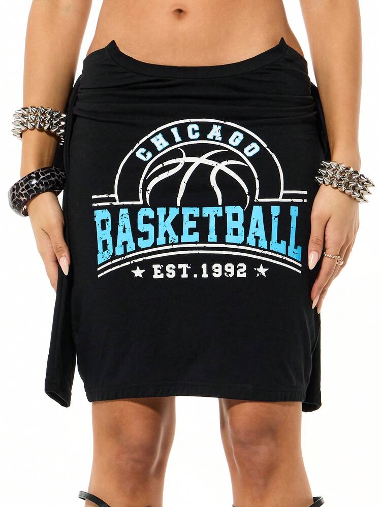 SUMWON WOMEN Chicago Basketball Print Skirt With Tshirt Sleeve Detail