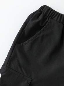 Genkimix Kids 1 Stück Jungen Schwarze Cargohose, Neue lose Hose mit verjüngtem Bein. Mehrere Taschen mit Patches, Stylisch und geeignet für Schule im Frühling/Herbst, Outdoor-Aktivitäten, Streetwear, bequem und leicht beweglich, modischer Cargostil Jungenhose - Schwarz - Übersicht 6