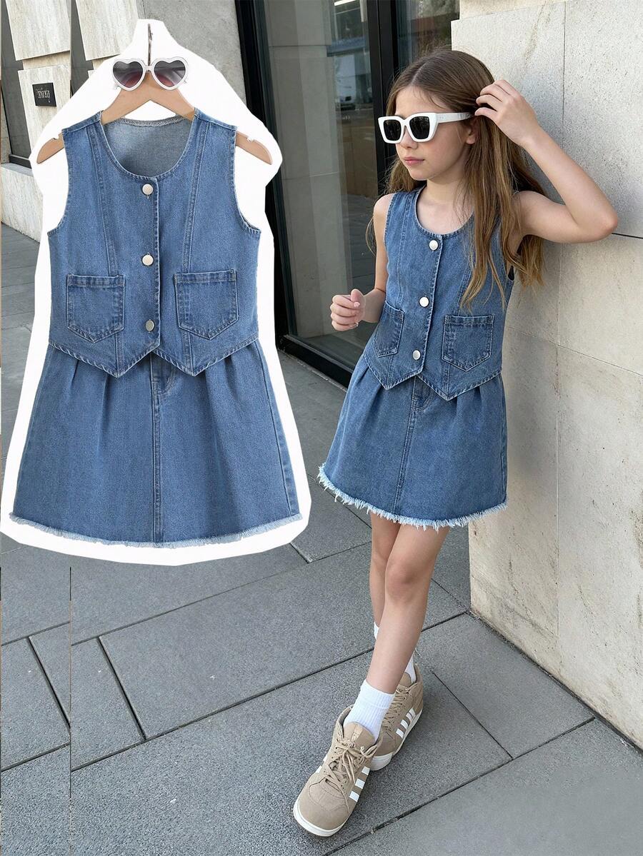 2pcs Tween Girls' Fashion Casual Cute Style Denim Set, Spring/Summer, Loose Fit, Medium Blue Denim, Sleeveless Short Vest + Frayed Denim Skirt, Button Design, Soft & Comfortable Fabric, Suitable For School, Commute, Daily Wear Denim Dress Girls Girls Denim Skirt Dress Girls Summer Denim Dress Denim Dress For Girls