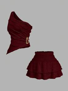 Sweetra 1 Bộ áo crop top không tay màu trắng có khóa thắt lưng và chân váy xếp ly ngắn màu trắng, phong cách tối giản - Màu Đỏ Sâu - Xem 3
