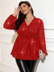 Gownix Plus Size Women's Shiny V-Neck Lantern Sleeve Ruffle Hem Fashion Blouse - Red - View 4