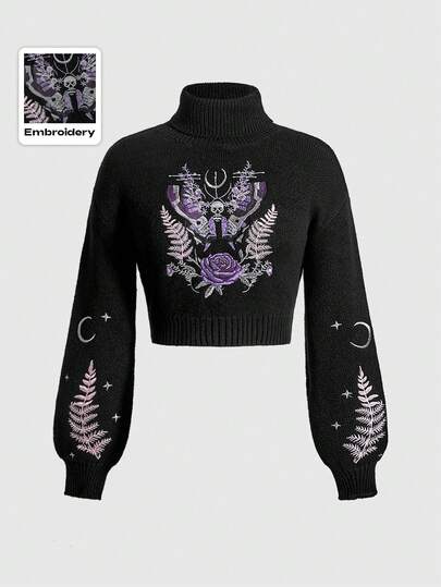 Fairycore Suéter de cuello alto de mujer con bordado de estilo de hada, polilla, mariposa, rosa, planta, luna y estrella