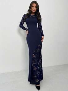 Firerie Đầm Maxi đuôi cá phối ren đen cổ bẻ phong cách Gothic tối màu gợi cảm, thanh lịch, gợi cảm, thu đông - Màu xanh hải quân - Xem 7