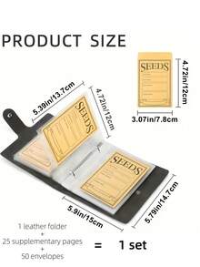 一套皮革种子信封收纳册，包含25张补充页、50个种子信封袋，防水防霉，是收纳物品的理想之选。也可用于存放相册。多功能，适用于多种场景，便携易用，皮革材质，易于清洁。