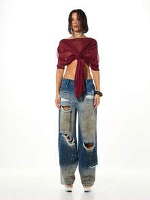 SUMWON WOMEN Quần jeans denim ống rộng rách rưới đính đá đính kim cương giả, cạp cao, dáng suông, thích hợp mặc dạo phố thường ngày mùa thu đông - Màu xanh lam - Xem 3