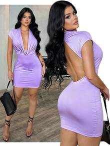 SHEIN SXY 大码女式优雅性感日常百搭紫色深V领露背修身迷你连衣裙，夏季紫色连衣裙，女士深V领低胸连衣裙 - 紫色 - 查看 1