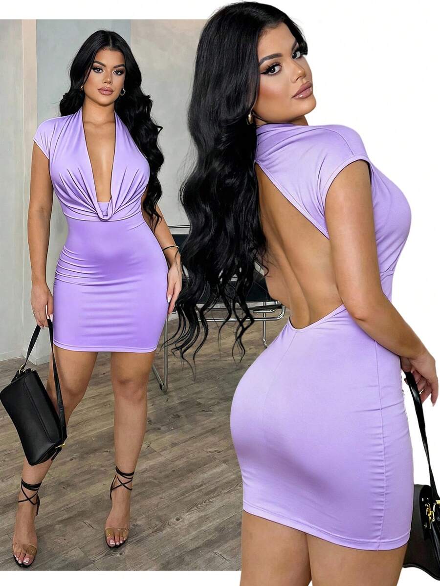 SHEIN SXY 大码女式优雅性感日常百搭紫色深V领露背修身迷你连衣裙，夏季紫色连衣裙，女士深V领低胸连衣裙 - 紫色 - 查看 1