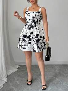 Elenzga Vestido plus size com decote quadrado, alças largas, sem mangas e cintura marcada com estampa. - Preto e Branco - Ver 6