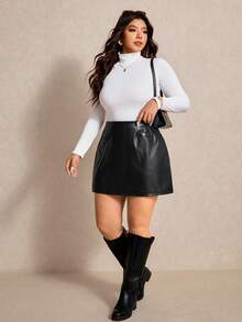 Elaquor Plus Size Solid Color Versatile Casual Daily Fashion Skirt For Spring, Spring For Women - Black - View 6