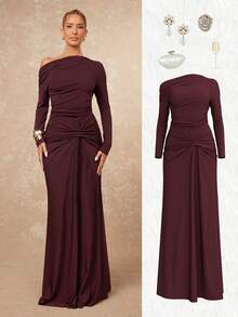 Lumalex 女士优雅通勤浪漫酒红色不对称领口荷叶边设计长袖修身T恤 女士优雅浪漫荷叶边设计长袖修身半身裙 - 酒紅色 - 查看 2